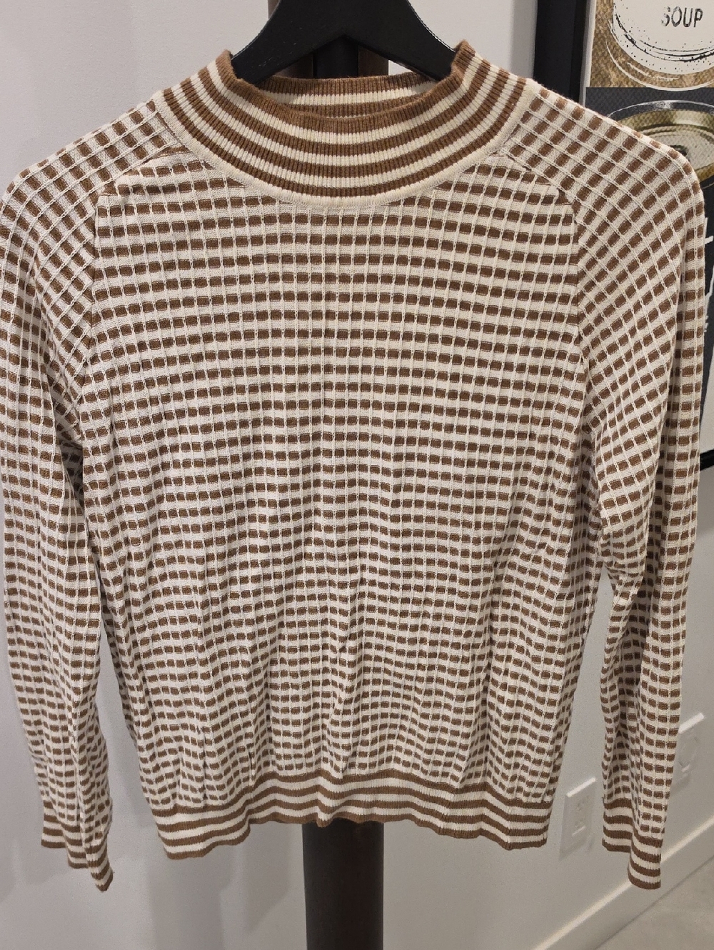 Simons Brown and White Waffle Knit Long-Sleeve Top